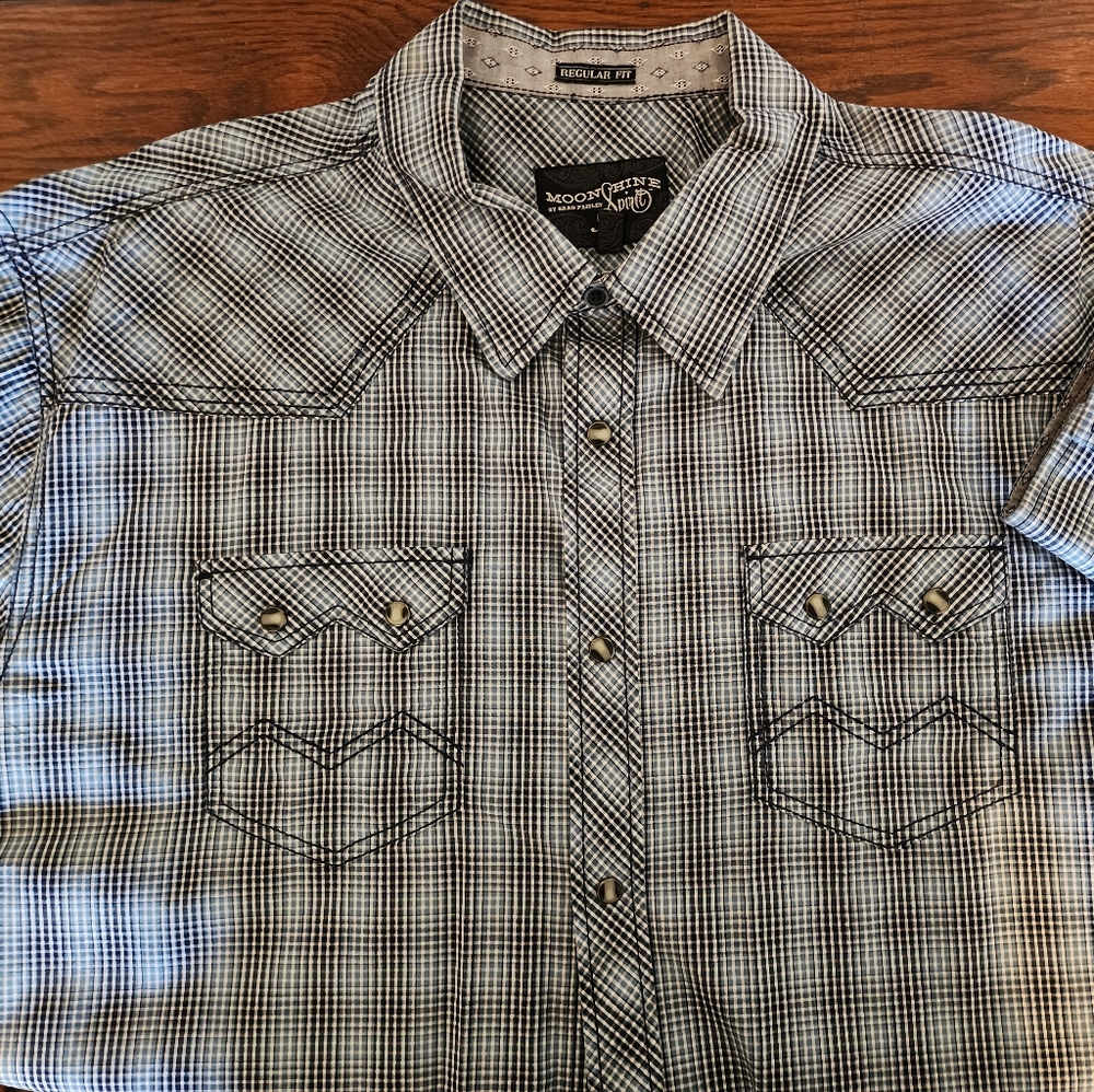 Moonshine by Brad Paisley with snaps and yoked back in blue--XXL